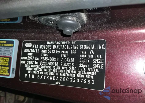2012 Kia Sorento Sx V6 from USA, damaged, VIN 5XYKWDA20CG237990